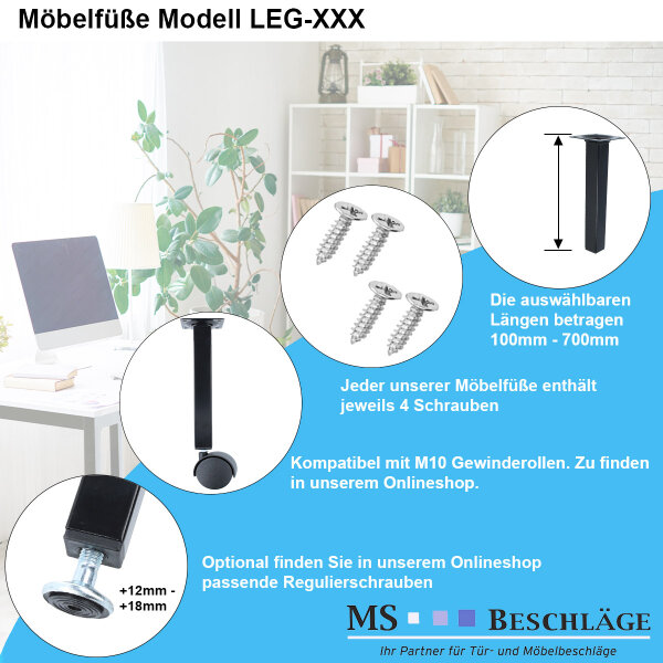 Eckiger Möbelfuss Stahl Möbelbein Sesselfuss Schwarz 25 x 25mm Möbelstütze Sofafuss 300mm