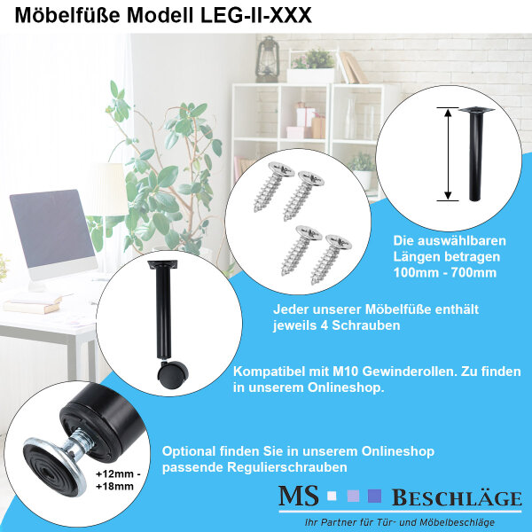 Möbelbein Tischbein Möbelfuss ø30mm rund Schwarz Sofafuss Bettstütze Metall Tischstütze 350mm Höhe