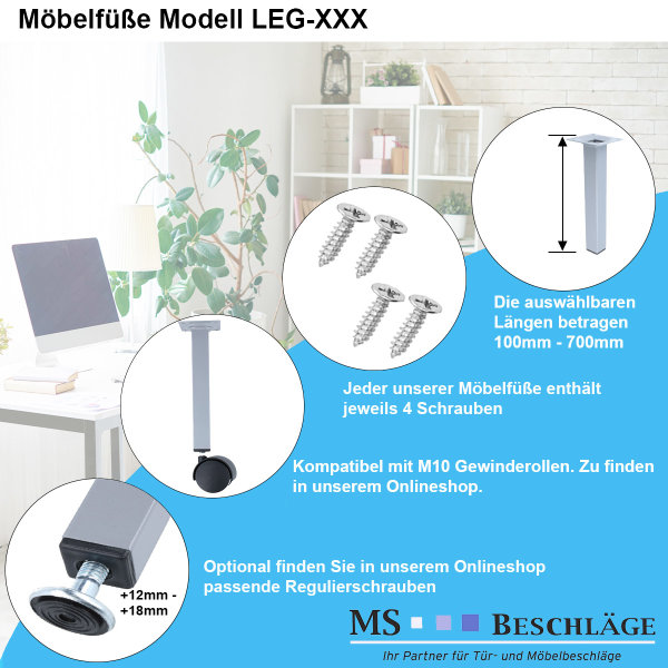 Tischbein Silber Möbelfuss Eckig 25x25mm Möbelbein Möbelstempel M10 Gewindegang Stahlstütze 400mm