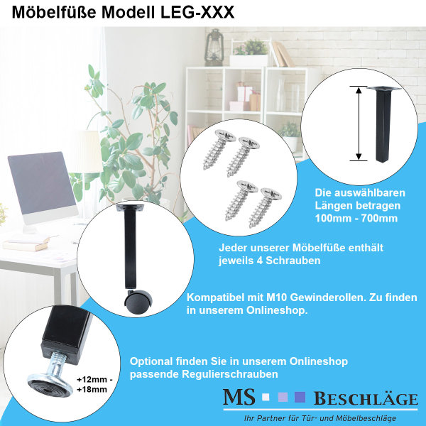 Eckiger Möbelfuss Stahl Möbelbein Sesselfuss Schwarz 25 x 25mm Möbelstütze Sofafuss 100mm