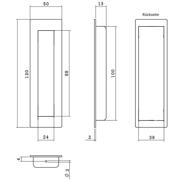 Griffmuschel Griffmulde Edelstahl Einlassmuschel Eckig Schiebtürbeschlag 120x50mm