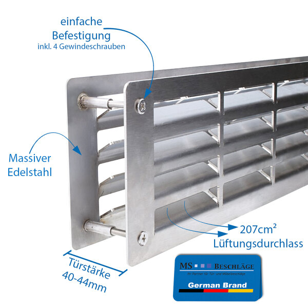 Hochwertiges Edelstahl Türlüftungsgitter - 500mm x 100mm Lüftungsgitter - Belüftungsgitter im Paar