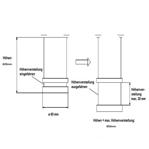 Höhenverstellbares Tischbein Chrom matt 820mm Höhe ø 60mm Tischstempel einzeln