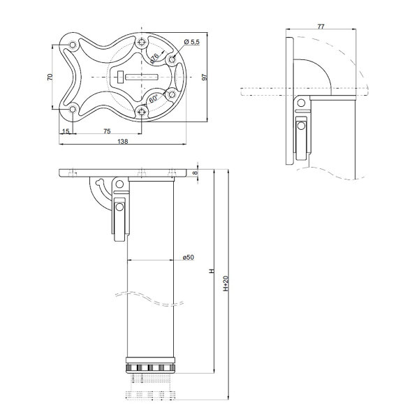 Abklappbares Tischbein 710mm Weiß d:50mm Möbelfuß Tischfuß aus Metall