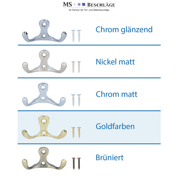 Kleiderhaken Wandmontage Metall Doppelhaken WZ10 – stabil inkl. Schrauben - Wandhaken Goldfarben