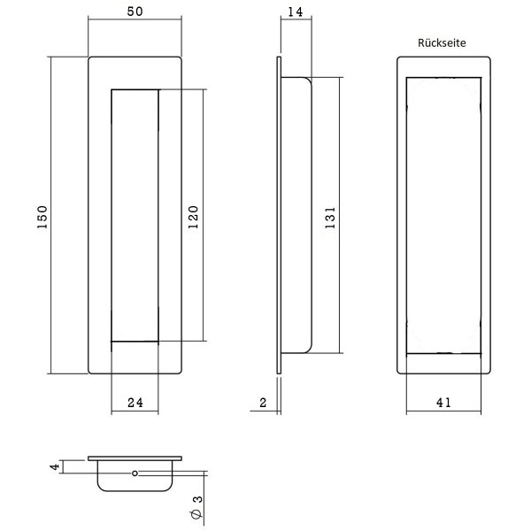 Griffmuschel Griffmulde Edelstahl Einlassmuschel Eckig Schiebtürbeschlag 150x50mm